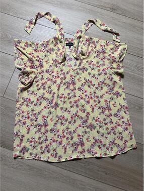 Zenobia Floral Tie-Shoulder Ruffle Top Yellow Pink 1XL
